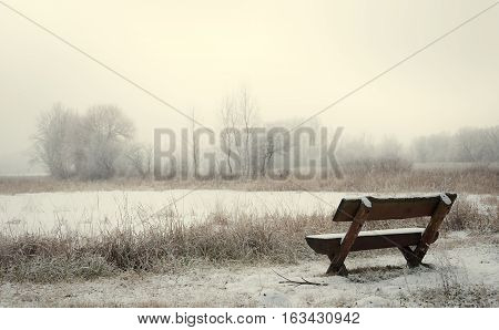 Lonely Wooden Bench In The Park