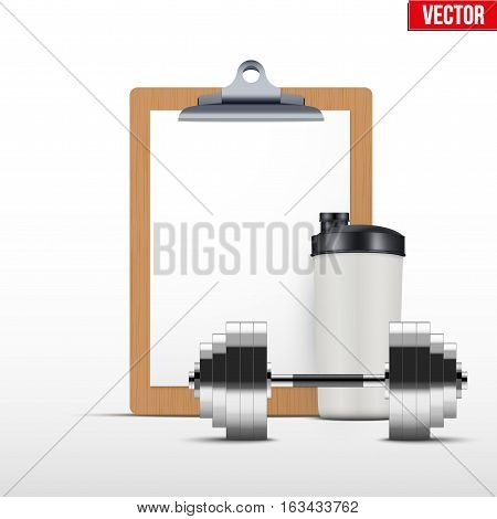 Coaching blank clipboard and workout bottle with dumpbell. Editable Vector illustration Isolated on white background.