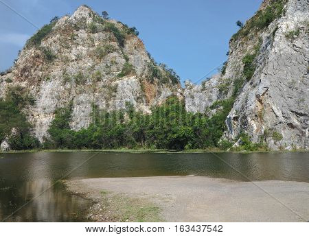 Beautiful landscape with mountain, sky, trees, lake at Khao Ngu Rock Park Thailand