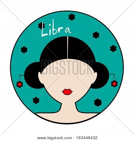 Libra zodiac sign. Icon with fashionable woman face with trendy hairstyle and flower background. Hand drawn style, girl userpic
