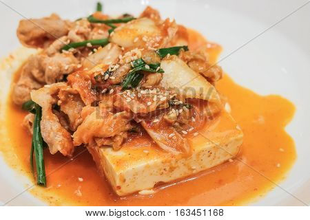 Dubu Kimchi - Tofu with Stir-fried spicy Kimchi and Pork
