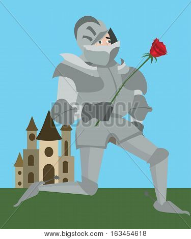 knight in armour with red rose - vector funny cartoon illustration