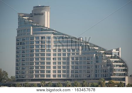 ADANA/TURKEY-DECEMBER 9, 2016:  Sheraton Hotel at the riverside of Seyhan River of Adana. December 9, 2016-Adana/Turkey
