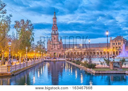 North tower on Plaza de Espana in the evening in Seville Andalusia Spain