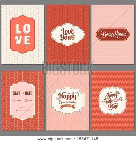 Set of valentine greeting card template with vintage frame, flat design vector