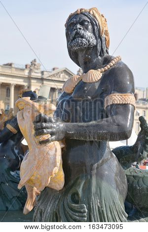 PARIS FRANCE OCTOBER 17: Details of Fountain of River Commerce and Navigation (1840) on the Place de la Concorde. Paris, France on October 17, 2014 in Paris, France.