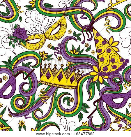 Mardi Gras seamless pattern. Colorful background with carnival mask and hats crowns ribbons and flowers. Vector illustration
