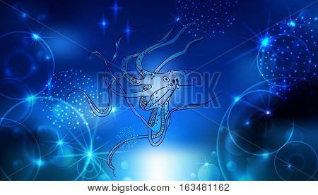Giant octopus with eight tentacles floating in the ocean depths. Bokeh effect the air bubbles. Hand drawing. Vector illustration