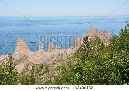 Chimney Bluffs State Park on Lake Ontario near Great Sodus Bay, New York State, USA.