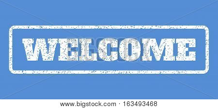 White rubber seal stamp with Welcome text. Vector message inside rounded rectangular banner. Grunge design and dirty texture for watermark labels. Horisontal sign on a blue background.