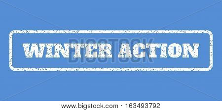 White rubber seal stamp with Winter Action text. Vector caption inside rounded rectangular frame. Grunge design and dust texture for watermark labels. Horisontal emblem on a blue background.