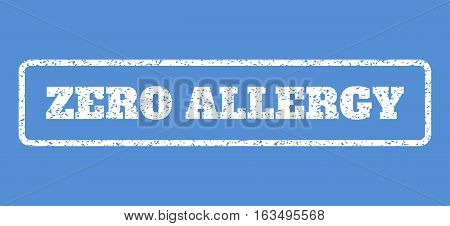 White rubber seal stamp with Zero Allergy text. Vector caption inside rounded rectangular frame. Grunge design and scratched texture for watermark labels. Horisontal sticker on a blue background.