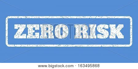 White rubber seal stamp with Zero Risk text. Vector message inside rounded rectangular frame. Grunge design and unclean texture for watermark labels. Horisontal sticker on a blue background.