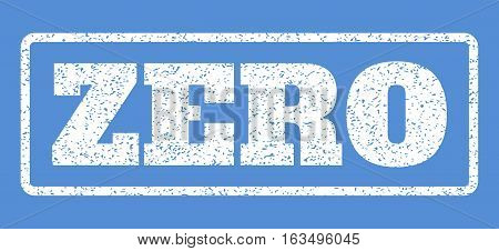 White rubber seal stamp with Zero text. Vector message inside rounded rectangular frame. Grunge design and unclean texture for watermark labels. Horisontal sticker on a blue background.
