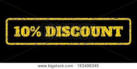 Yellow rubber seal stamp with 10 Percent Discount text. Vector message inside rounded rectangular frame. Grunge design and dust texture for watermark labels. Horisontal sign on a blue background.