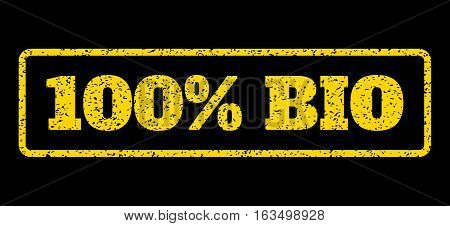 Yellow rubber seal stamp with 100 Percent Bio text. Vector message inside rounded rectangular shape. Grunge design and unclean texture for watermark labels. Horisontal sticker on a blue background.