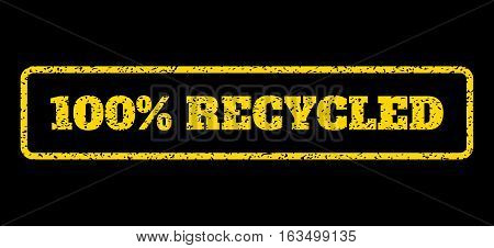 Yellow rubber seal stamp with 100 Percent Recycled text. Vector tag inside rounded rectangular banner. Grunge design and unclean texture for watermark labels. Horisontal sticker on a blue background.
