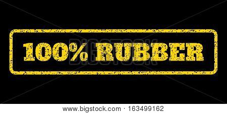 Yellow rubber seal stamp with 100 Percent Rubber text. Vector caption inside rounded rectangular shape. Grunge design and unclean texture for watermark labels. Horisontal sticker on a blue background.