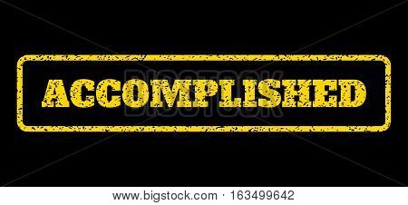 Yellow rubber seal stamp with Accomplished text. Vector tag inside rounded rectangular shape. Grunge design and unclean texture for watermark labels. Horisontal emblem on a blue background.
