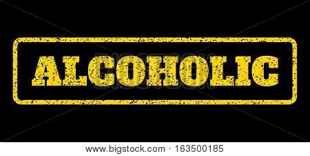 Yellow rubber seal stamp with Alcoholic text. Vector caption inside rounded rectangular banner. Grunge design and dust texture for watermark labels. Horisontal sticker on a blue background.