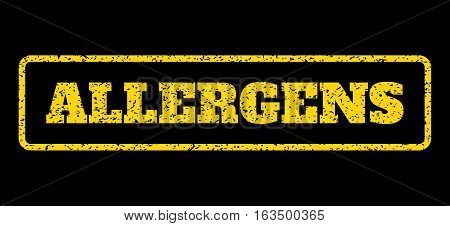 Yellow rubber seal stamp with Allergens text. Vector message inside rounded rectangular banner. Grunge design and unclean texture for watermark labels. Horisontal emblem on a blue background.