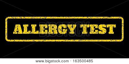 Yellow rubber seal stamp with Allergy Test text. Vector tag inside rounded rectangular frame. Grunge design and unclean texture for watermark labels. Horisontal sign on a blue background.