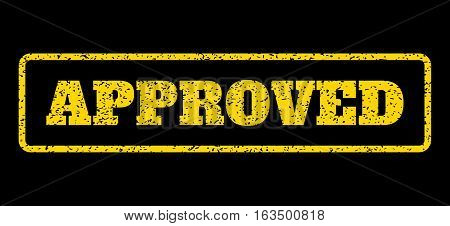Yellow rubber seal stamp with Approved text. Vector message inside rounded rectangular frame. Grunge design and dirty texture for watermark labels. Horisontal sign on a blue background.