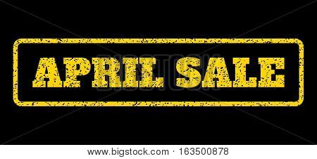 Yellow rubber seal stamp with April Sale text. Vector message inside rounded rectangular banner. Grunge design and scratched texture for watermark labels. Horisontal sign on a blue background.
