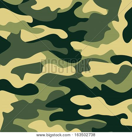 Camouflage pattern background. Classic clothing style masking camo repeat print. Green brown black olive colors forest texture. Design element. Vector illustration.