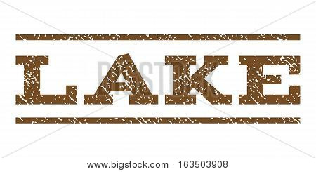 Lake watermark stamp. Text caption between horizontal parallel lines with grunge design style. Rubber seal stamp with unclean texture. Vector brown color ink imprint on a white background.
