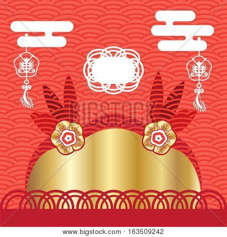 Background for Chinese New Year 2017 greeting card. Chinese festive decoration. Decorative gold frame with traditional ornament. Vector Design