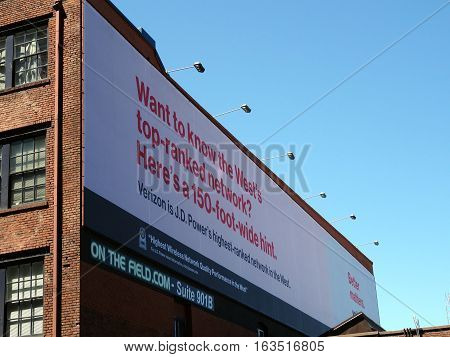 SEATTLE - JUNE 26: Verizon Ad on 150-foot-Wide Billboard brags about their cellphone service in Seattle in June 26 2016.