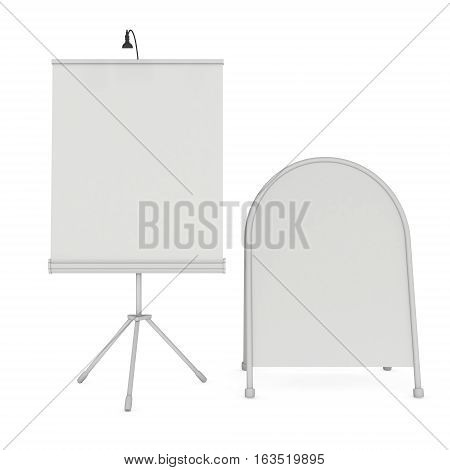 Blank Roll Up Expo Banner Stand and Sandwich board. Trade show booth white and blank. 3d render illustration isolated on white background. Template mockup for expo design. Blank menu outdoor display.
