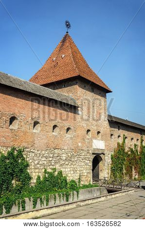 Fortress wall (16-17 centuries) Hlyniany Gate Bernardine monastery in ancient Ukrainian city of Lviv