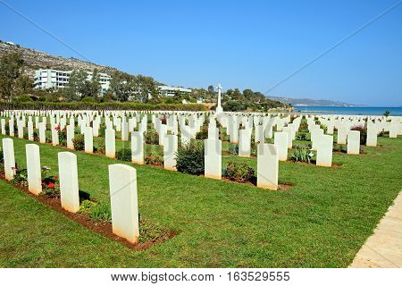View of the Souda Bay Allied War Cemetery with the Aegean sea to the rear Souda Bay Crete Greece Europe.