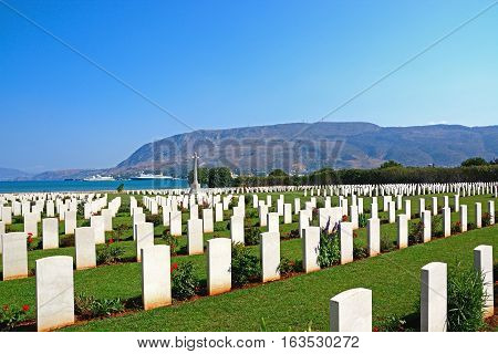 SUDA BAY, CRETE - SEPTEMBER 16, 2016 - View of the Souda Bay Allied War Cemetery with the Aegean sea to the rear Souda Bay Crete Greece Europe, September 16, 2016.
