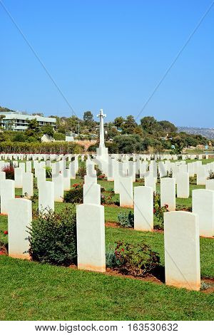 View of the Souda Bay Allied War Cemetery gravestones and cross Souda Bay Crete Greece Europe.
