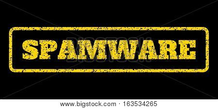 Yellow rubber seal stamp with Spamware text. Vector caption inside rounded rectangular banner. Grunge design and dust texture for watermark labels. Horisontal sticker on a blue background.
