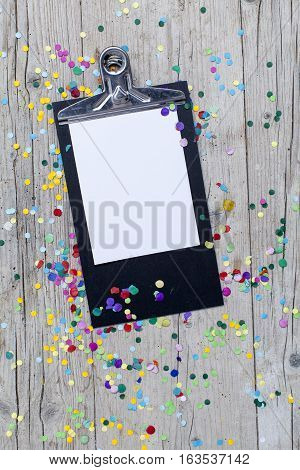 Carnival Confetti On Wood Background