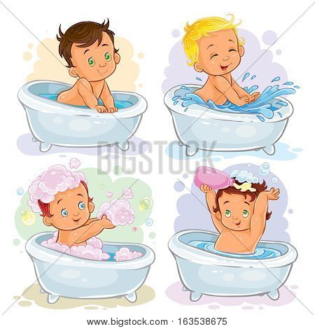Set of vector icons of small children take a bath isolated on white