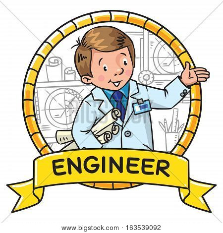 Childrens vector illustration of funny engineer or inventor. A man in coat with drawings showing by hand. Profession ABC series. Emblem