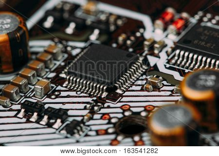 Integrated Semiconductor Microchip Microprocessor On Blue Circuit Board Representative Of The High T