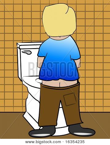 เด็กผู้ชายผมสีทอง peeing ในห้องน้ำ