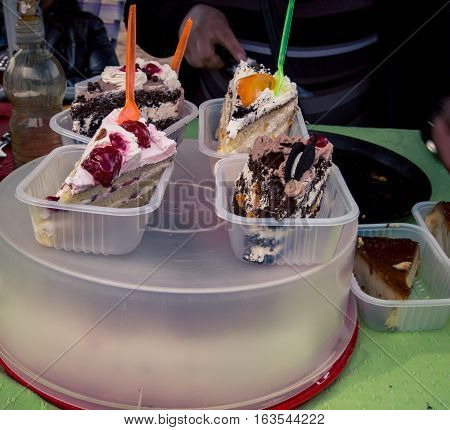 Assortment of delicious cake for sale at feria de mataderos