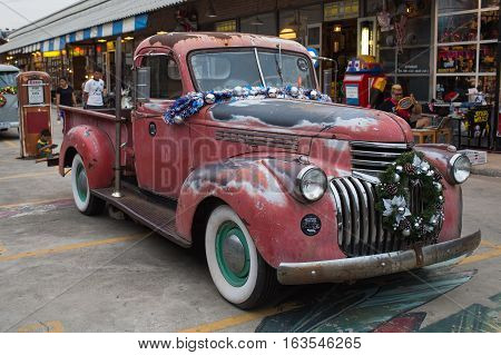 Old Vintage Red Chevrolet Truck At Night Market, Srinakarin Road