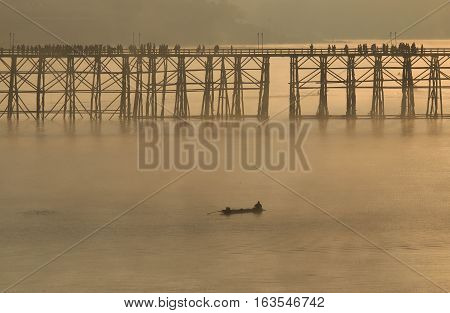 Wooden bridge of Sangkla Buri in Kanjanaburi province,Thailand, Morning day.