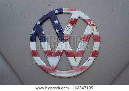 BANGKOK THAILAND - December 30 2016: the flag pattern usa on volkswagen logo on volkswagen van at Night market Srinakarin road or train market.