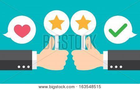 Business hand thumb up with customer review give a star. Positive feedback concept. Vector illustration. Modern flat design.