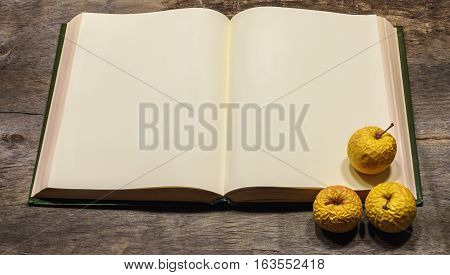 Blank pages of an open book. Shriveled apples
