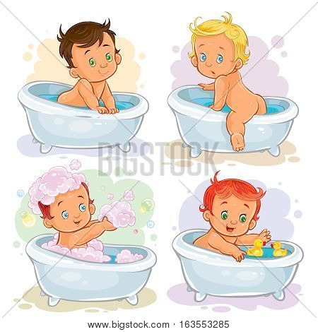 Set of vector icons of small children take a bath isolated on white